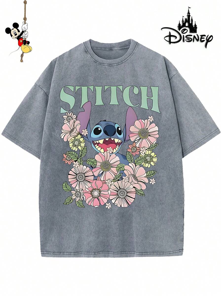 Disney-Licensed Men's Cotton T-Shirt For The 2026 Family Holiday. Featuring A Stitch Motif, Washed Crew Neck, Soft And Comfortable Feel, Easy Care And Suitable For Various Occasions Such As Holidays, Everyday Life And Commuting – Full Of Festive Spirit. - 灰色 - 查看 1