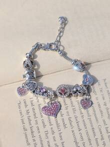 1件复古心形天使吊坠手链，耶稣心形天使手链，粉色心形手链 - 銀色 - 查看 4