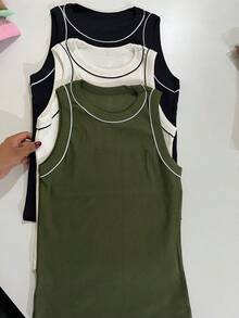 Set Of 3 Women's Two-Tone Summer Tank Tops, Long Sleeve, Visible Seams, Daily Wear - ĐEN+TẮT+XANH LÁ QUÂN ĐỘI - Xem 4