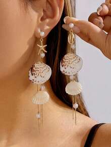 2pcs Ocean Style Pearl Tassel Earrings, Starfish & Shell Elements Lively Combination, Swaying Tassels Flatter Face Shape, Suitable For Vacation, Travel, Girlfriend Party, Wear The Sea Breeze On Your Ears - Multicolor - View 4