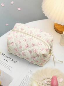Cute Bow Make Up Bag Cute Bow Knot Pattern Toiletries Bag Travel Make Organizer Zipper Pouch, Quilted Cosmetics Bag, Stylish Foldable Commuter Makeup Bag For Brushes Aesthetic Cosmetic Bag For Gift, Friend, Girls, Student Quilted Floral Flower Zippered Makeup Bag Cute Floral Cosmetic Bag With Zipper Gift Storage Jewelry Organizer Box Bathroom Set Valentines Back To School Supplies - 粉色 - 查看 10