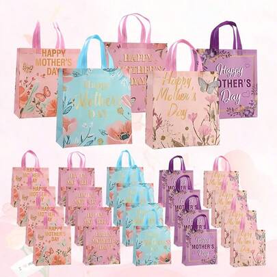 24pcs/12pcs/4pcs Mother's Day Gift Bags, Happy Mother's Day Party Non-Woven Bags With Floral Pattern, Thank Mom, Suitable For Birthday Party Supplies, Mother's Day Gift Packaging Bags With Handles