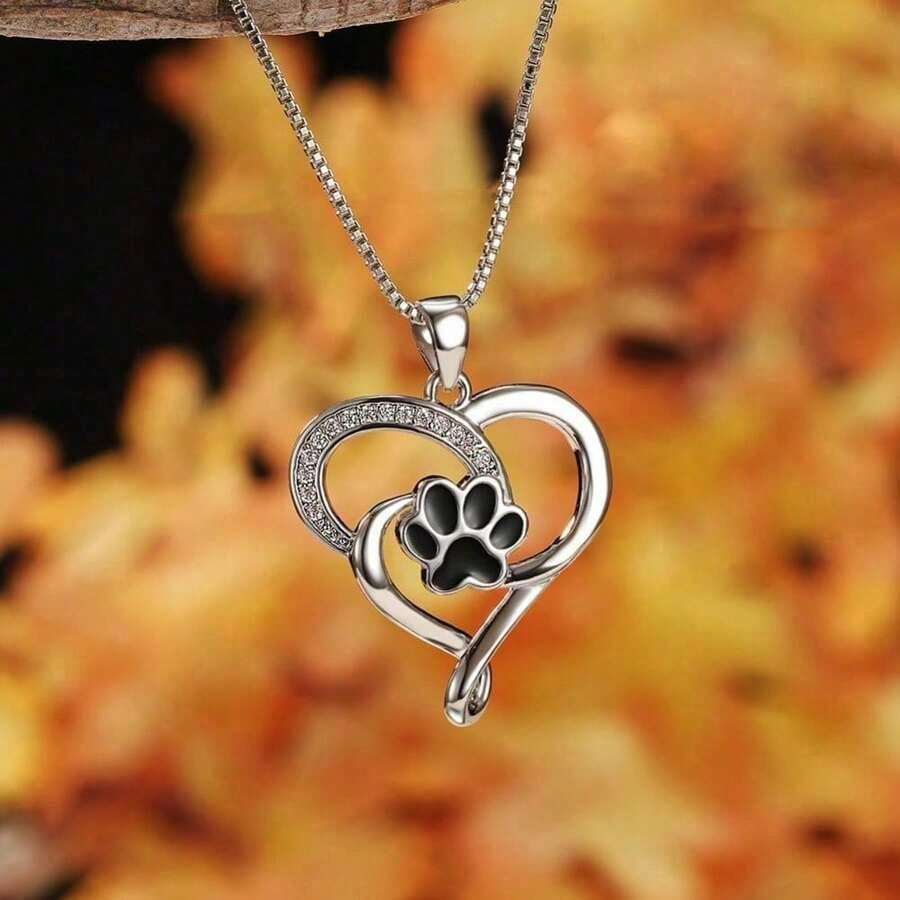 1pc Cute Unique Dog's Paw Heart Necklace For Women Men,Daily Wear Jewelry, Classic Jewelry Design(No Box) - 銀色 - 查看 1
