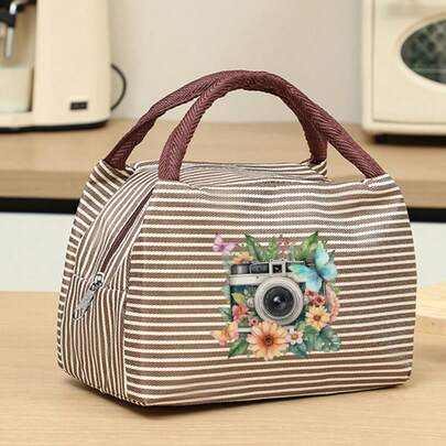 Vintage Floral Camera & Watercolor Butterfly Photography Print Striped Lunch Bag, Suitable For Commuting, Carrying Kids, School, Outdoor Picnic, Carrying Craft Tools, Travel And Shopping. Large Capacity Multi-Pocket Insulated Tote Bag. Excellent Gift For Crafters. Random Lining.