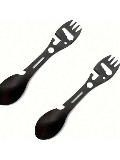 10-in-1 Edelstahl Multifunktions-Löffel - Kombiniert Flaschenöffner, gezacktes Messer, Schraubenschlüssel und Richtungsanzeiger in einem kompakten Design, geeignet für Camping, Wandern, Picknicks und Trekking-Touren - Schwarze Beschichtung. Wanderausrüstung | Multifunktionswerkzeug
