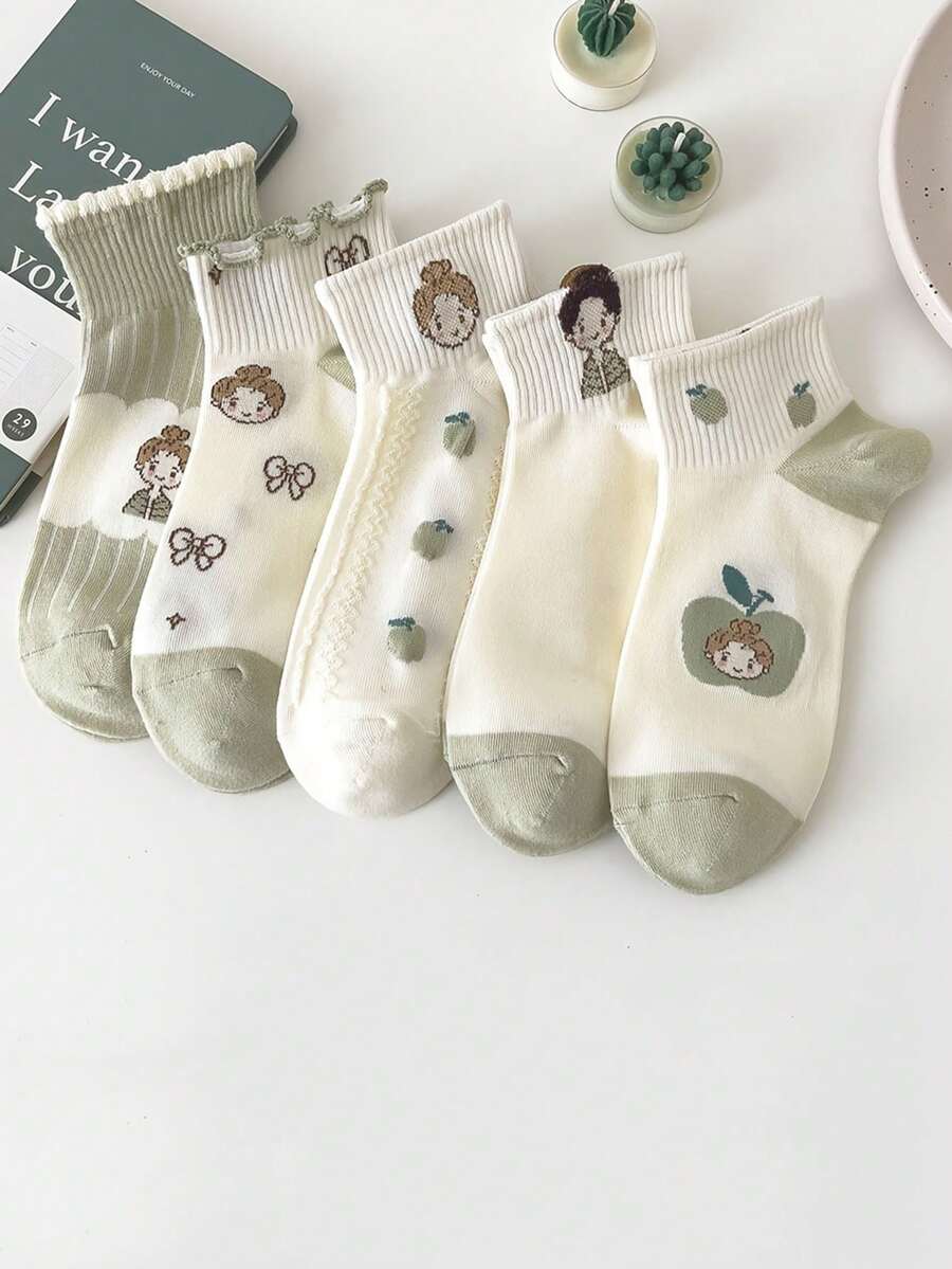 5双小众设计女士短袜，薄款面料，可爱学院风黑白中筒袜，春夏款 - 彩色 - 查看 1