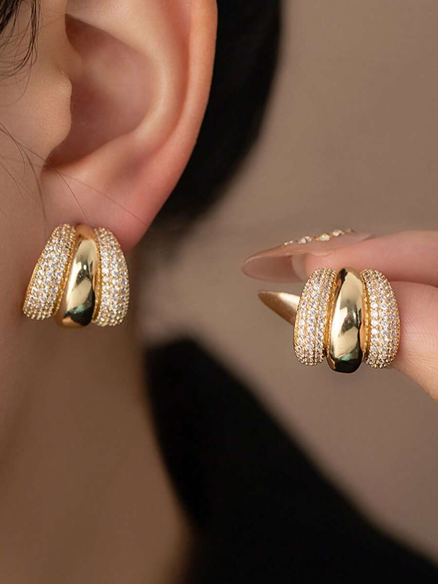 1 Pair Autumn/Winter Fashion Oxidized Copper Three-Claw C-Shape Rhinestone Earrings, Versatile & Elegant Daily Wear For Women - Fashion Earrings - View 1