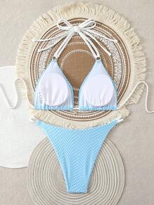 Bộ bikini hai mảnh hở lưng, thắt nút, dễ thương và gợi cảm dành cho nữ, được làm từ vải co giãn vừa phải. - Màu xanh lam - Xem 4