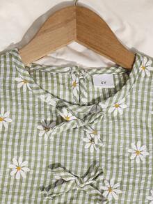 2pcs Girls Daisy Print Green Plaid Top And Pants Set, Summer - Green - View 6