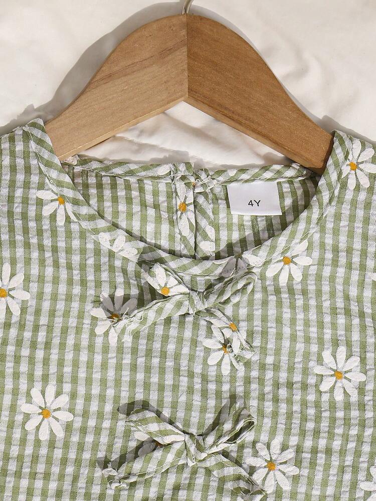 2pcs Girls Daisy Print Green Plaid Top And Pants Set, Summer - Green - View 6