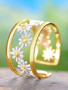 1枚花朵戒指，镂空宽面小雏菊开口戒指，银色铜质，适合日常佩戴，自然风格，适合春夏佩戴。 - 彩色 - 查看 1