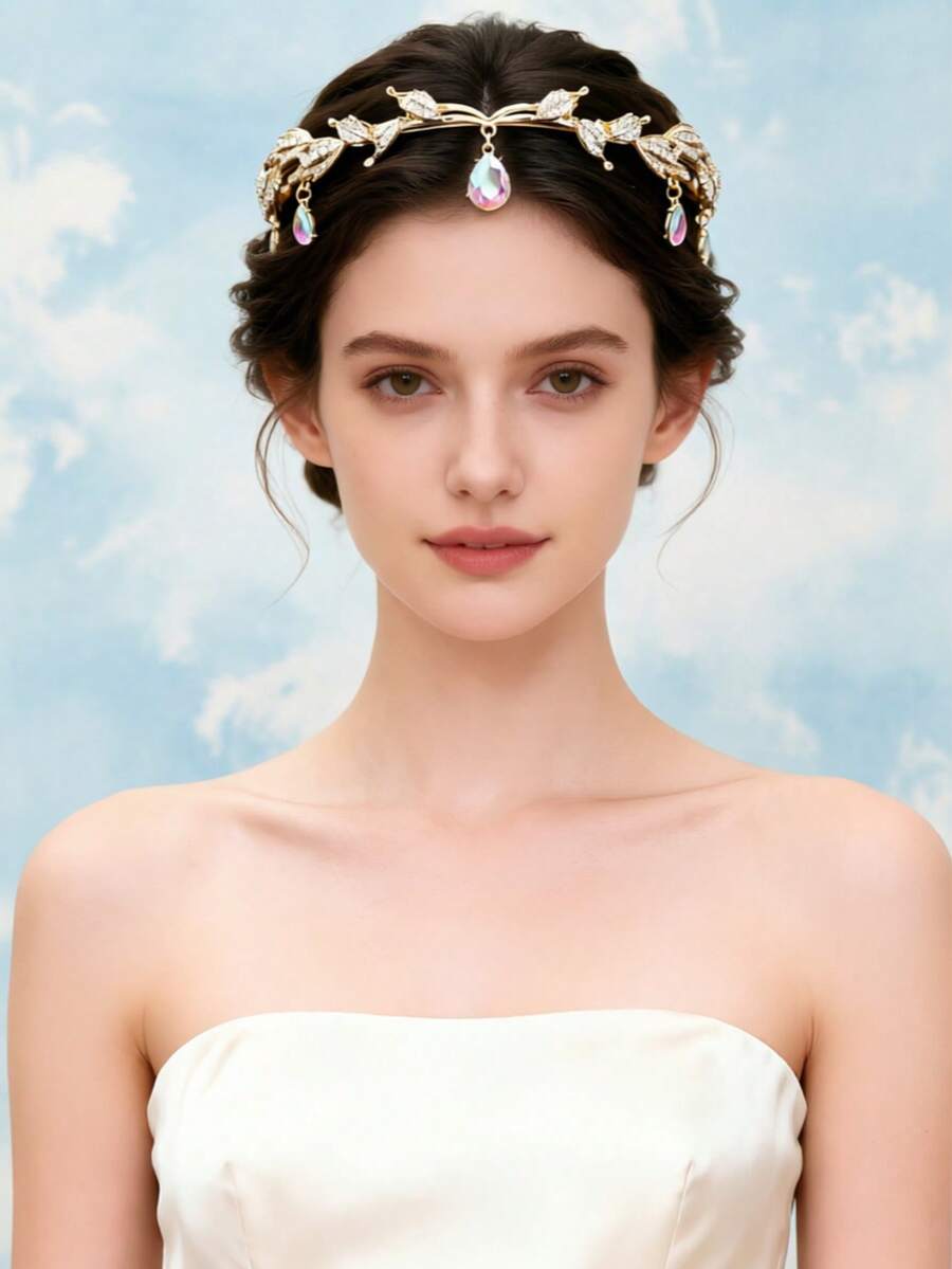 1 chiếc băng đô hình lá pha lê, phụ kiện tóc pha lê, băng đô đính đá quý, phụ kiện đội đầu cô dâu, vòng cổ hình lá kiểu cổ điển, mặt dây chuyền trang trí trán đính kim cương, phụ kiện đội đầu cô dâu - màu sắc - Xem 1