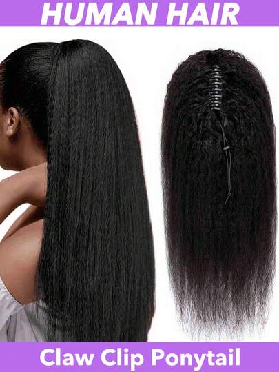 Kinky Straight Claw Clip Ponytail Human Hair Curly Ponytail Extensions Black Claw Clip Ponytail Extensions For Women,2-In-1 Design,Claw Clip Pony,Drawstring Pony Natural Black 8-20 22 24 26 28 Inch Yaki Straight Clip In Human Hair Extension Ponytails For Women