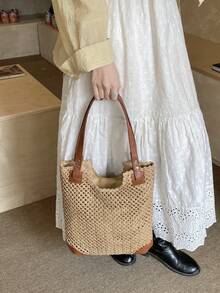 Large Capacity Straw Tote Bag, Fashionable Vacation Travel Shoulder Handbag - Multicolor - View 2