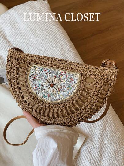 1pc Khaki Straw Woven Half-Circle Bag, Bohemian Style With Seashell & Stone Decor, Casual Crossbody Bag For Women, Suitable For Summer, Daily, Holiday, Travel, Beach