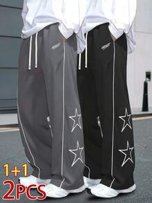 2pcs Men's Straight Leg Pants, Fashionable Casual Loose Fit Sweatpants - Multicolor - View 10