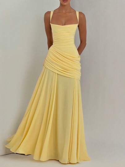 Yellow Elegant Strapless Summer Fitted Dress, Casual Backless Sleeveless Pleated Party Club Dress For Women