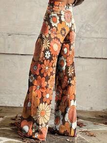 Women'S Retro Wide Leg Pants - Vibrant Multicolor Floral Print (Orange/Red/Yellow) - Structured Non-Stretch Fabric - Autumn Casual To Semi-Formal Trousers - Vintage 70s/80s Inspired Outfits - Non-Stretchy Pants For Women - Plus Size Friendly - Easy - 混合顏色 - 查看 4