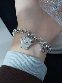 1pc Elegant Red Zirconia Heart Pendant & Crown Charm Bracelet, Suitable For Women's Daily Wear - Bracelet - View 4