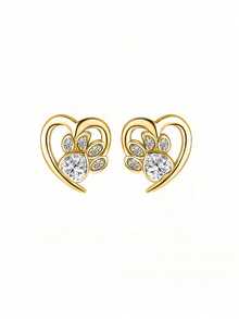 1 Pair Elegant Cubic Zirconia Inlaid Heart-Shaped Animal Paw Print Earrings, "Love And Pets" Themed Earrings, Suitable For Birthday, Anniversary, Valentine's Day Gifts - Gold - View 7