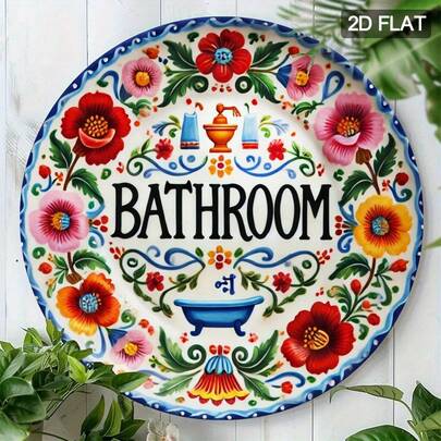 1pc 2D Floral Style Bathroom Sign, Vibrant Round Wooden Wall Decor, Size 19.81x19.81cm, Suitable For Home Or Commercial Bathroom Decoration, Bathroom Wall Art | Decorative Bathroom Sign | Floral Pattern, Bathroom Decor, 2D Flat, Pre-Drilled Holes As Shown In Size Chart