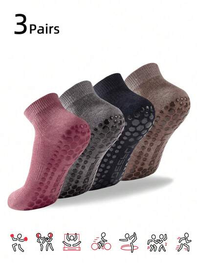 3 Pairs Women's Solid Color Non-Slip Ankle Socks, Suitable For Home, Hospital, Pregnancy, Fitness, Pilates, Yoga