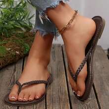 Women's Thong Slides PU Leather Flip Flops Braided Sandals Summer Beach Vacation Open Toe Shoes Slippers - 棕色 - 查看 8