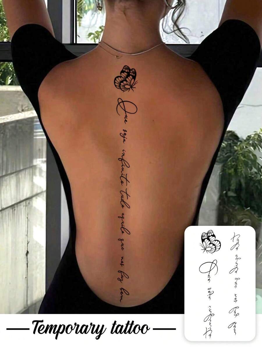 1-2 Tatuajes temporales artísticos con frases realistas de mariposas y citas inspiradoras, adecuados para fashionistas. - Negro - Ver 1