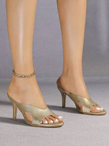 Women's High Heel Sandals, Women's Gold High Heel Sandals, Open Toe Hollow Out Slides, Slip-On-On Deep Mouth Sandals - Gold - View 2