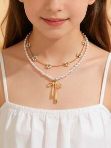 2件套奢华不对称仿珍珠串珠合金蝴蝶结花朵项链套装，百搭精致首饰，适合女孩，仿珍珠和花朵数量随机 - 彩色 - 查看 2