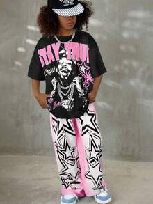 2pcs/Set Kids Hip Hop Style Character Print T-Shirt + Ombre Star Wide Leg Pants Street Fashion Outfit - Multicolor - View 3