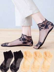5 Pairs Women's Lace Transparent Lolita Summer Thin Non-Slip Short Ankle Socks, Black Low-Cut Socks - Multicolor - View 7