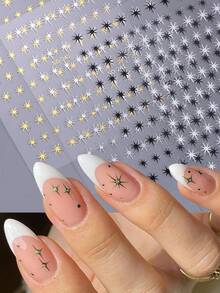 4片装3D星空美甲贴纸，金色、银色、黑色和白色星形美甲贴花，3D自粘Y2K哥特风美甲设计DIY美甲装饰配件 - 彩色 - 查看 4