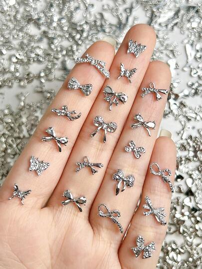 20Pcs Y2K Silver Alloy Bow Nail Charms 3D Irregular Mini Bow Tie DIY Earrings Necklaces And Other Accessories Suitable For Clothing