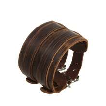 可调节朋克风真皮手镯，环绕式真皮腕带，哥特风时尚真皮手镯，男女通用 - 棕色 - 查看 38