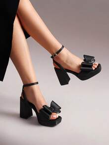 Women Chunky Platform High Heeled Sandals, Fashion Bow Knot Ankle Strap Heeled Sandals, Open Square Toe Summer Sandals For Prom, Party, Wedding - 黑色 - 查看 2