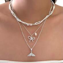 Multi-Layer Rhinestone Fish Tail & Bow Pendant Necklace, Layered Faux Pearl Jewelry Suitable For Women's Daily Wear - Silver - View 2