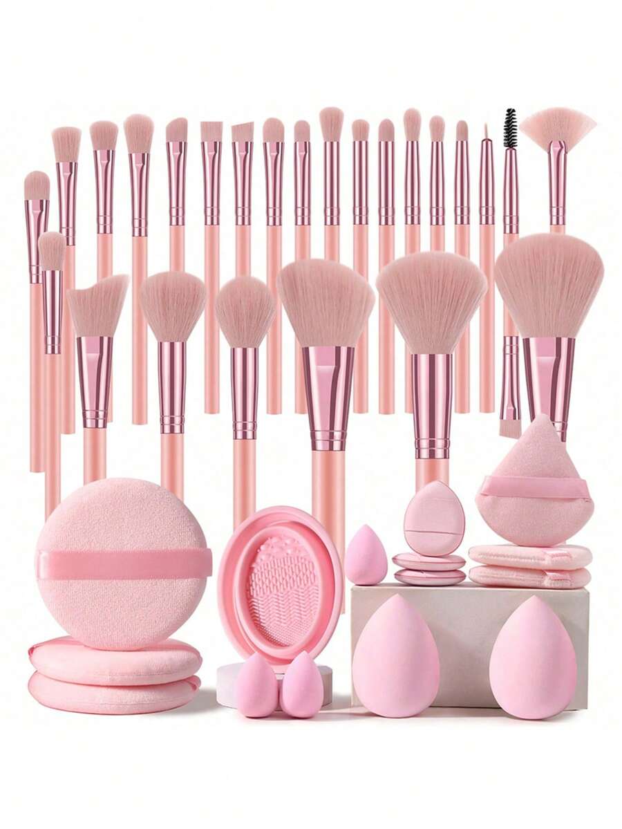 40件套化妆工具套装，包含：25支化妆刷套装+3个圆形粉扑+1个化妆刷清洁工具+3个迷你化妆海绵+3个迷你气垫粉扑+3个三角粉扑+2个化妆海绵，一应俱全，新手友好 | 方便携带，送礼佳品 | 新手/女性的完美之选 - 彩色 - 查看 1