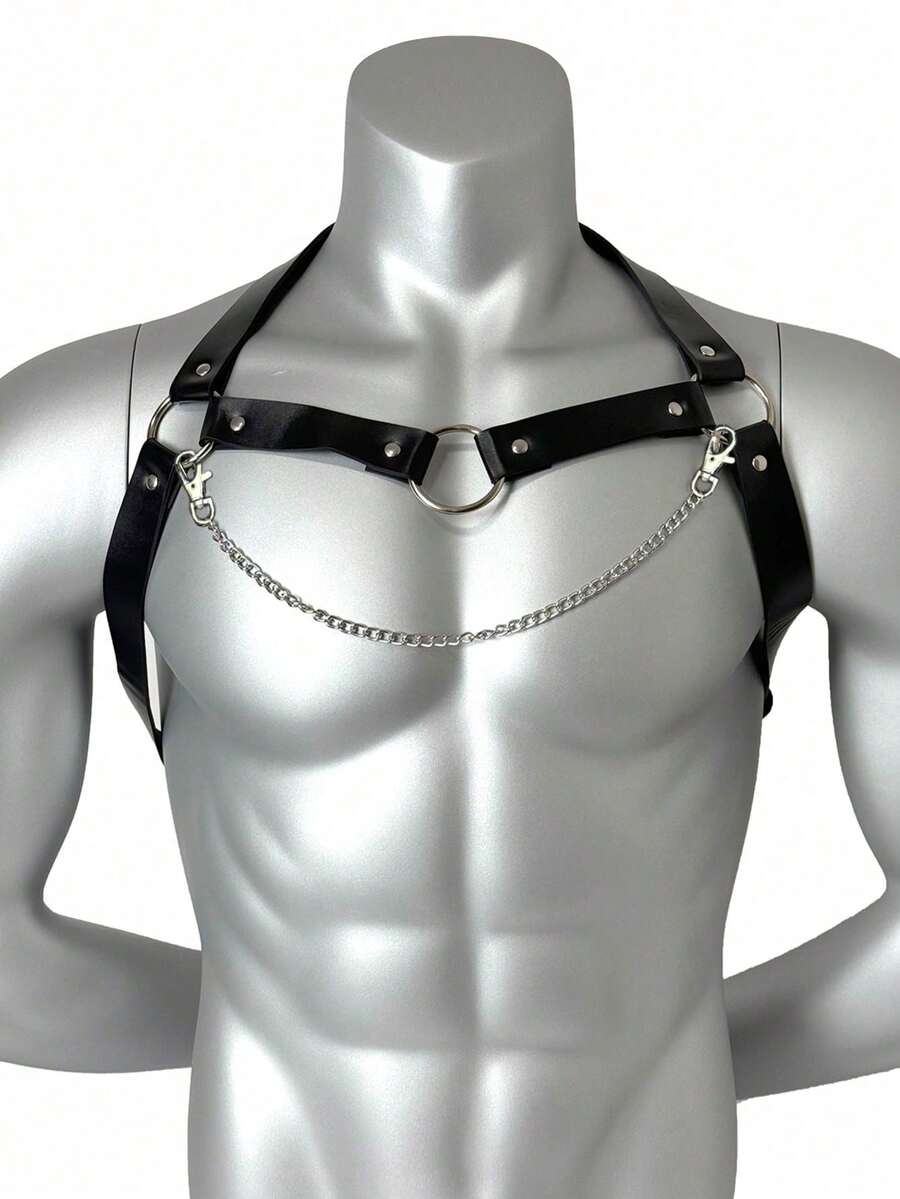 1pc Men's PU Leather Chest Harness Belt Body Bondage Chest Chain Punk Goth Clothing Rave Party Accessories - Black - View 1
