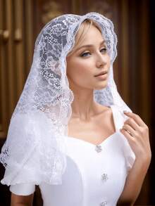 1pc Women Short Solid See-Through Lace Trim Headscarf,/Wedding/Party - 白色 - 均碼 - 查看 3