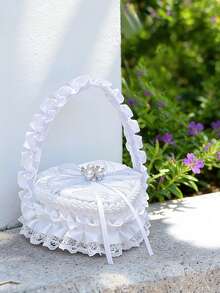 1pc White Handheld Wedding Ring Box With Pearl Bow And Satin Ribbon Decoration, Suitable For Wedding, Proposal, Anniversary - View 7