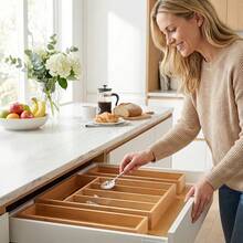 Bamboo Kitchen Drawer Organizer, Expandable Silverware Tray For Drawer, Multi-Slot Silverware Organizer & Utensil Drawer Organizer For Cutlery - 原木色 - 查看 2