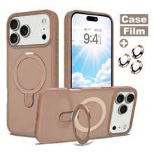 1pc Brown Soft-Touch Matte Magnetic Pivot Bracket With Alloy Lens Film, PC+Silicone TPU 2-In-1 With Hidden Rotatable Magnetic Metal Foldable Ring Holder, Ultra-Thin Shock-Proof Semi-Transparent Anti-Fingerprint Airbag Phone Case Compatible With Apple 17e/17pro/17promax/Air/17/16pro/16promax/16plus/16/16E/SE4/15pro/15promax/15plus/15/14pro/14promax/14plus/14/13pro/13promax/13/12pro/12promax/12/11promax/11 - Mocha Brown - View 2