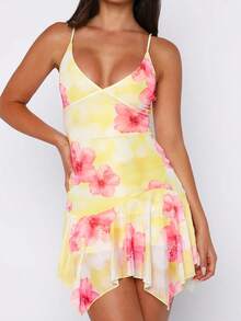 Summer Cute Party Strappy Mini Dress Women Sleeveless Asymmetric Sheer Hem Floral Pattern Elegant Vacation Dress - Yellow - View 9