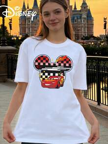 Women's Casual Disney Cars Lightning McQueen Mickey Head Print Short Sleeve Round Neck Cotton T-Shirt, Regular Fit Top For Everyday Wear - White - View 1