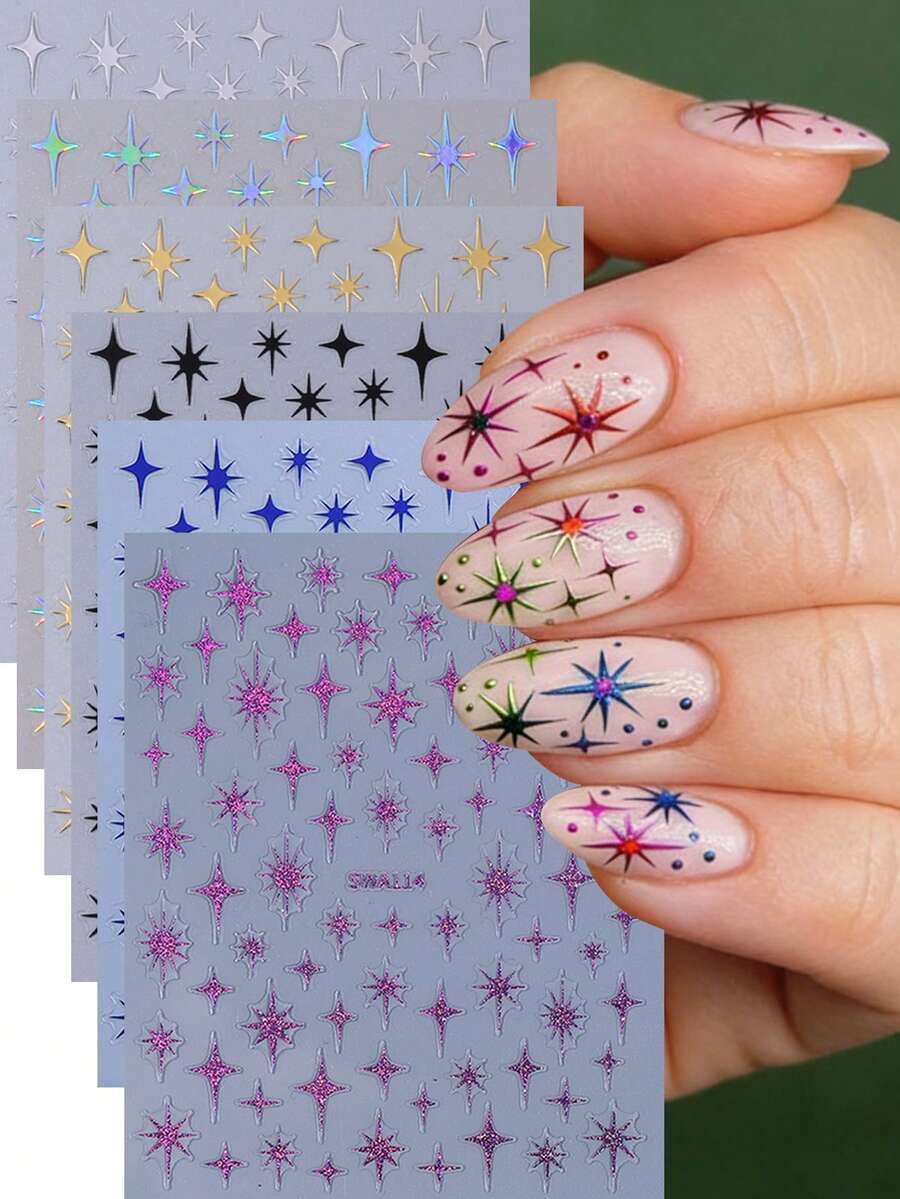 6片Y2K爆炸星美甲贴纸，闪亮十字星，金色、银色、黑色、蓝色、紫色全息3D自粘DIY美甲贴花 - 彩色 - 查看 1