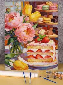 Flori de tort cu căpșuni Macarons DIY pictură în ulei de numere pictură pe pânză meșteșuguri adulți decorare casă 40x50cm/16x20inch cadouri de sărbători - 40*50cm - Vizualizare 3