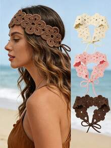 1/3pcs Solid Color Crochet Flower Headband Boho Knitted Hairband Women Fashion Hair Hoop Soft Polyester Headwear Valentine's Day Gift White Day St. Patrick's Day Gift For Girlfriend Summer Vacay Hair Accessories,Holiday,Travel - Multicolor - View 6