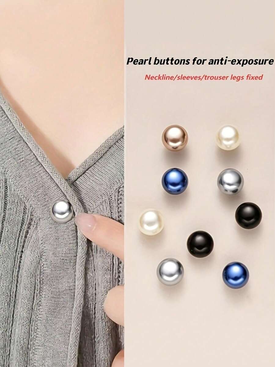 5 Packs Plastic Faux Pearl Snap Buttons | Adjustable No-Sew Rings, Glossy Spherical Deep Blue/Black/White/Grey/Champagne, Easy-To-Use For Shirts, Dresses, Jackets - Fashionable Clothing Fasteners