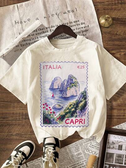 Camiseta gráfica ITALIA, camiseta casual de mujer de cuello redondo y manga corta, adecuada para el verano, las vacaciones y los atuendos de playa